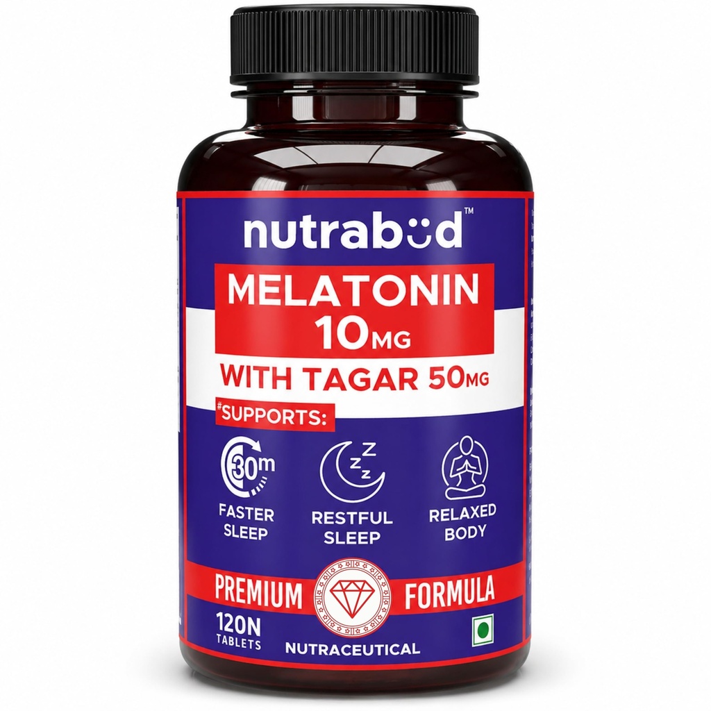nutrabud Melatonin 10 Mg - 120 Veg Tablets - For Sleep Support,Nerve Relaxation,And Stress Relief - Non-Habit Forming For Men & Women (120 Count (Pack Of 1),Unflavoured),120 Capsule