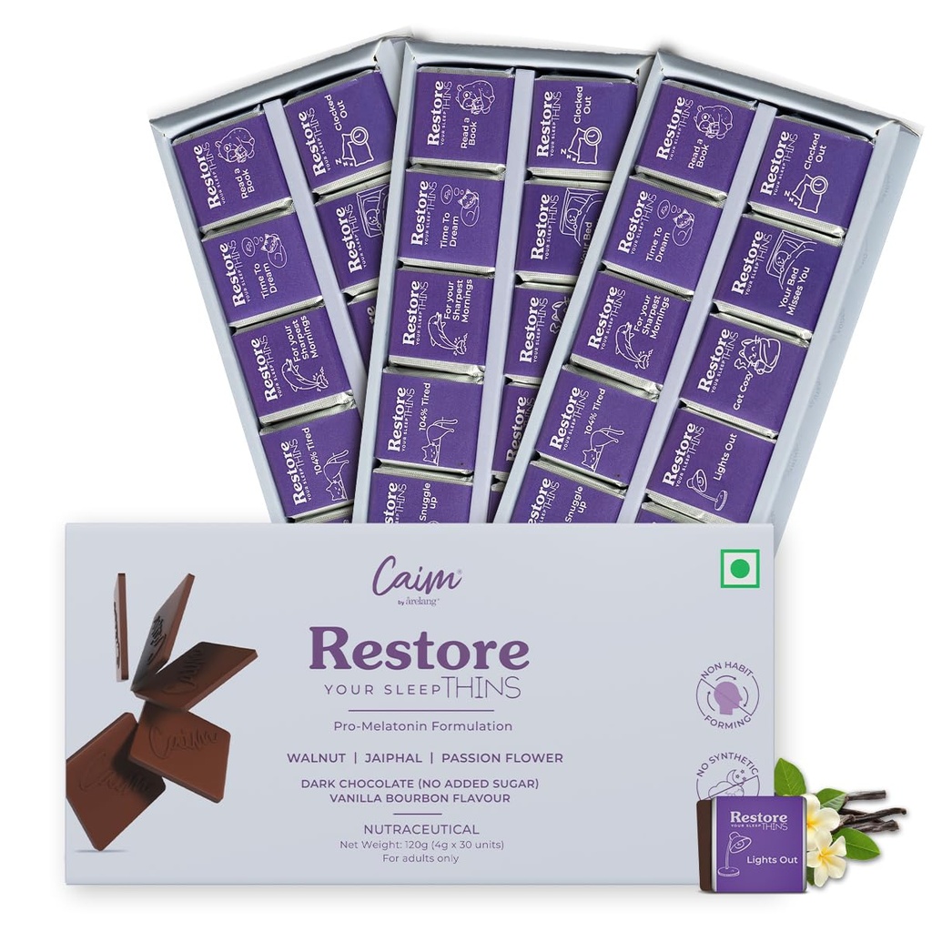 Restore Your Sleep | Dark Chocolate for Deep Sleep | No Added Melatonin | Natural Sleep Aid | Caim by årelang | Non-Habit Forming & Vegan | 30 Pieces (120g)