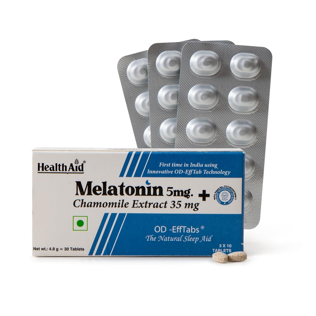 HealthAid Melatonin 5mg + Chamomile 35mg | Supplement to Support Relaxation, Restful Sleep & Immune Health | Non-Habit Forming | 30 Tablets (Pack of 1)