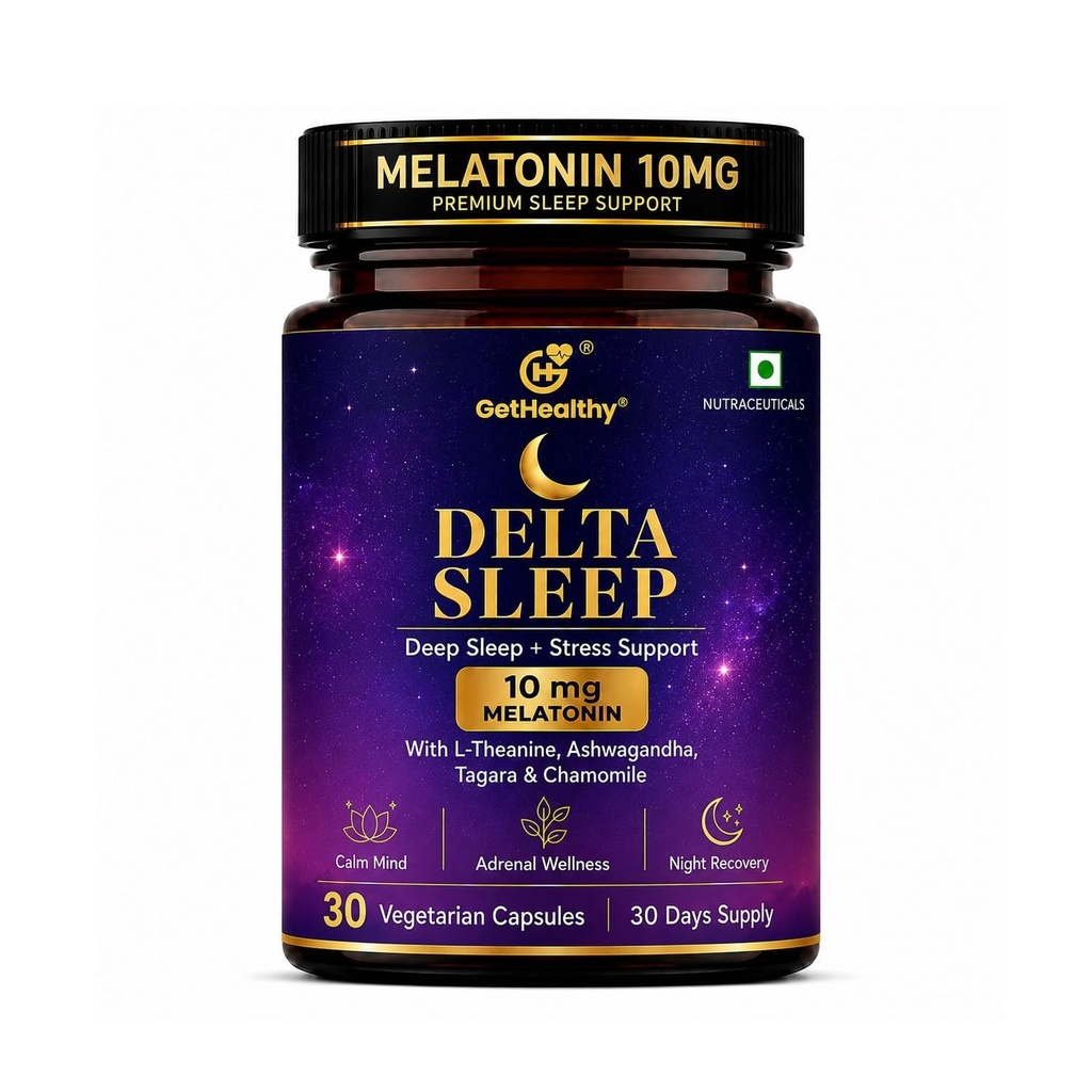 GetHealthy® Delta Sleep™ Premium Sleep Support Supplement | Melatonin 10 mg with L-Theanine, Ashwagandha, Tagara, Chamomile, Hops, Tulsi, Vegan D3, Vitamin C, B1 & B6 | Calm Mind, Stress Support & Night Recovery | Lab Tested | 30 Capsules | 30 Day Supply