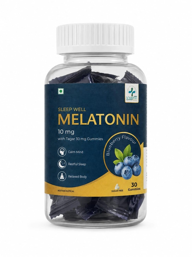 Melatonin Sleep Gummies 10 mg with Tagar Extract, Sleep Gummies for Men & Women, Sleep Support Supplement, Blueberry Flavour, Sugar Free, Vegetarian, Individually Wrapped, 30