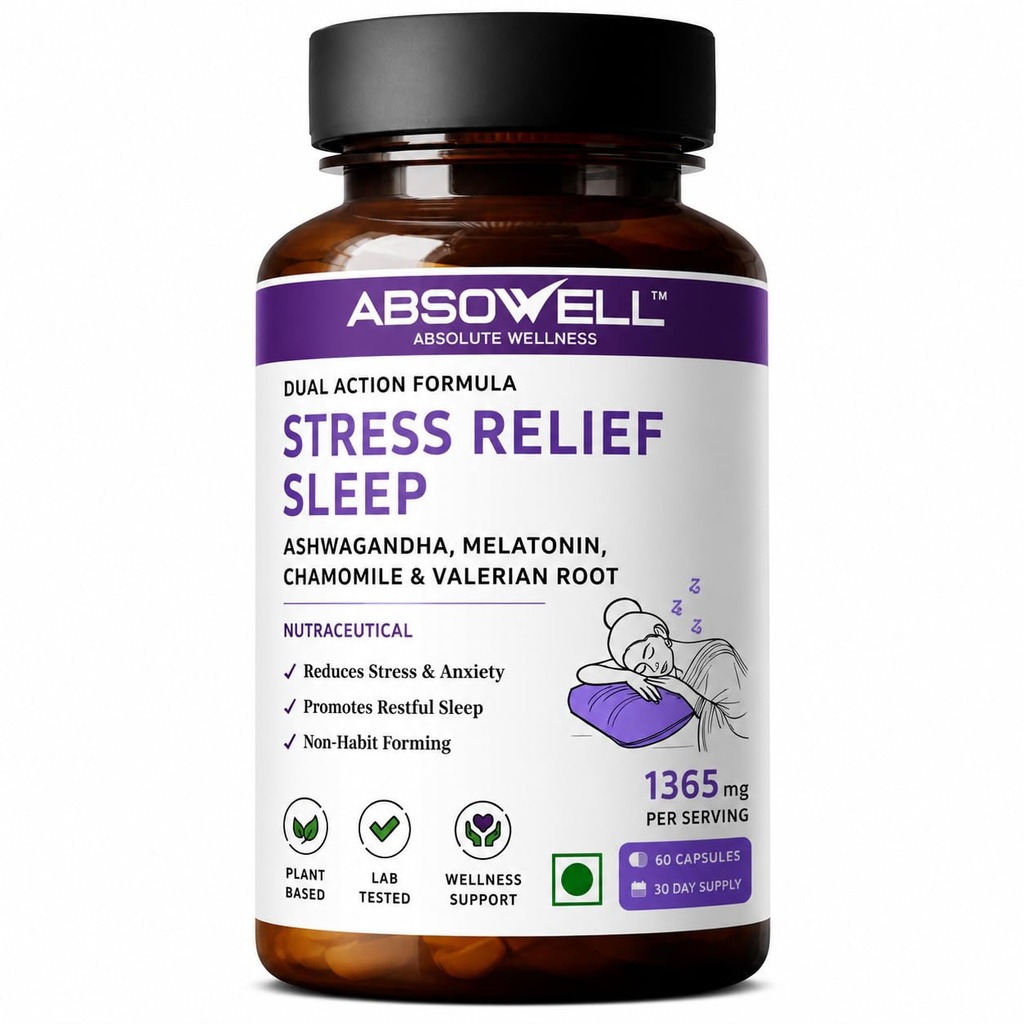 Stress & Sleep Relief | 30 Veg Capsules | Ashwagandha 300mg, L-Theanine 200mg, Valerian, Chamomile & Melatonin 3mg | Natural Non-Habit Forming Sleep Aid & Stress Relief Supplement