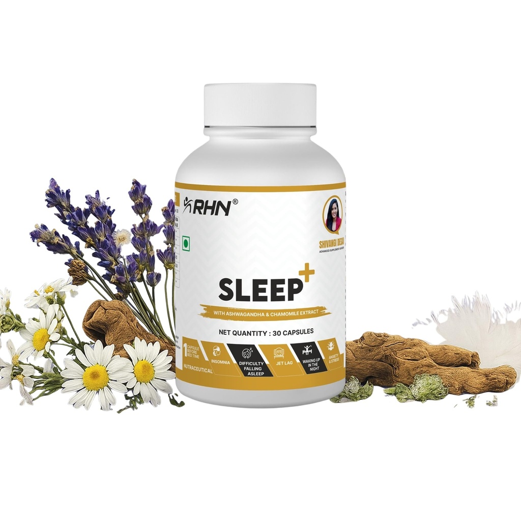 RHN Sleep Plus-30 Capsules, Promotes Restful Sleep, Enriched with Melatonin, L-Theanine & Ashwagandha, Reduces Stress and Anxiety, Natural Sleep Cycle & Jet Lag Recovery