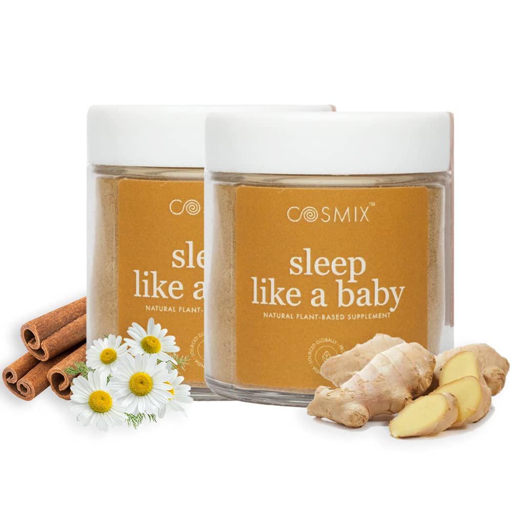 Cosmix Sleep Like A Baby | For Restorative Sleep & Relaxation | Non Adictive & Non Habit Forming & 100% Natural Melatonin Support | Golden Latte Blend with Chamomile & Jatamanshi | 50g (50 servings)