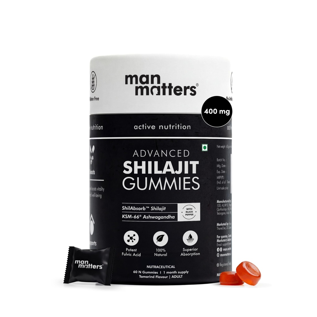 Man Matters Pure Shilajit/Shilajeet Gummies Advanced with Lab-Tested Fulvic Acid & KSM 66 Ashwagandha | Boosts Fitness, Improves Energy Levels & Helps Manage Stress | Pack of 60