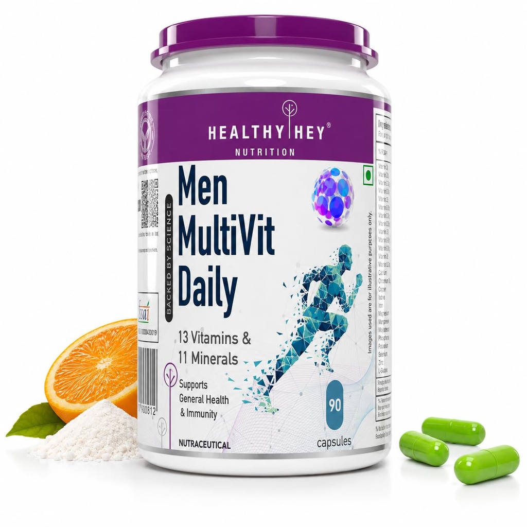 HealthyHey Nutrition MultiVitamin for Men - Multi-Vit Daily - 13 Vitamins & 12 Minerals - 90 Vegetable Capsules