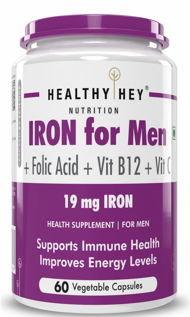 HealthyHey Nutrition Iron Supplement for Men -100% Chelated - With Vitamin B12, Folic Acid & Vitamin C for High Absorption (60 Veg Capsules)