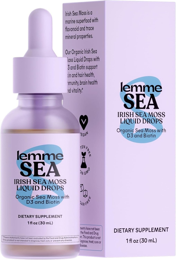 Lemme Irish Sea Moss gouttes liquides organiques avec vitamine D3 et biotine pour le soutien minéral de traces, immunité, cheveux, peau et ongles, santé du cerveau - sans gluten et sucre, non OGM, 1 oz, 30 portions