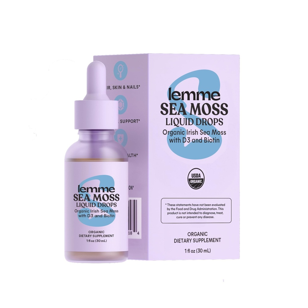 Lemme Irish Sea Moss gouttes liquides organiques avec vitamine D3 et biotine pour le soutien minéral de traces, immunité, cheveux, peau et ongles, santé du cerveau - sans gluten et sucre, non OGM, 1 oz, 30 portions