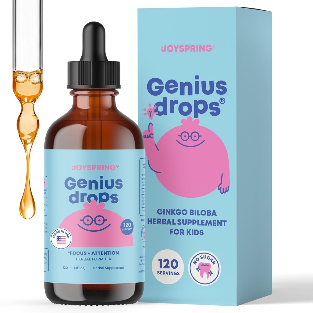 JoySpring Genius Drops - Bio Focus Drops for Kids , supplément de focus éprouvé cliniquement aide les enfants à mieux se comporter à l'école , supplément à base de plantes liquides avec Ginkgo Biloba (4 fl oz) 120 portions