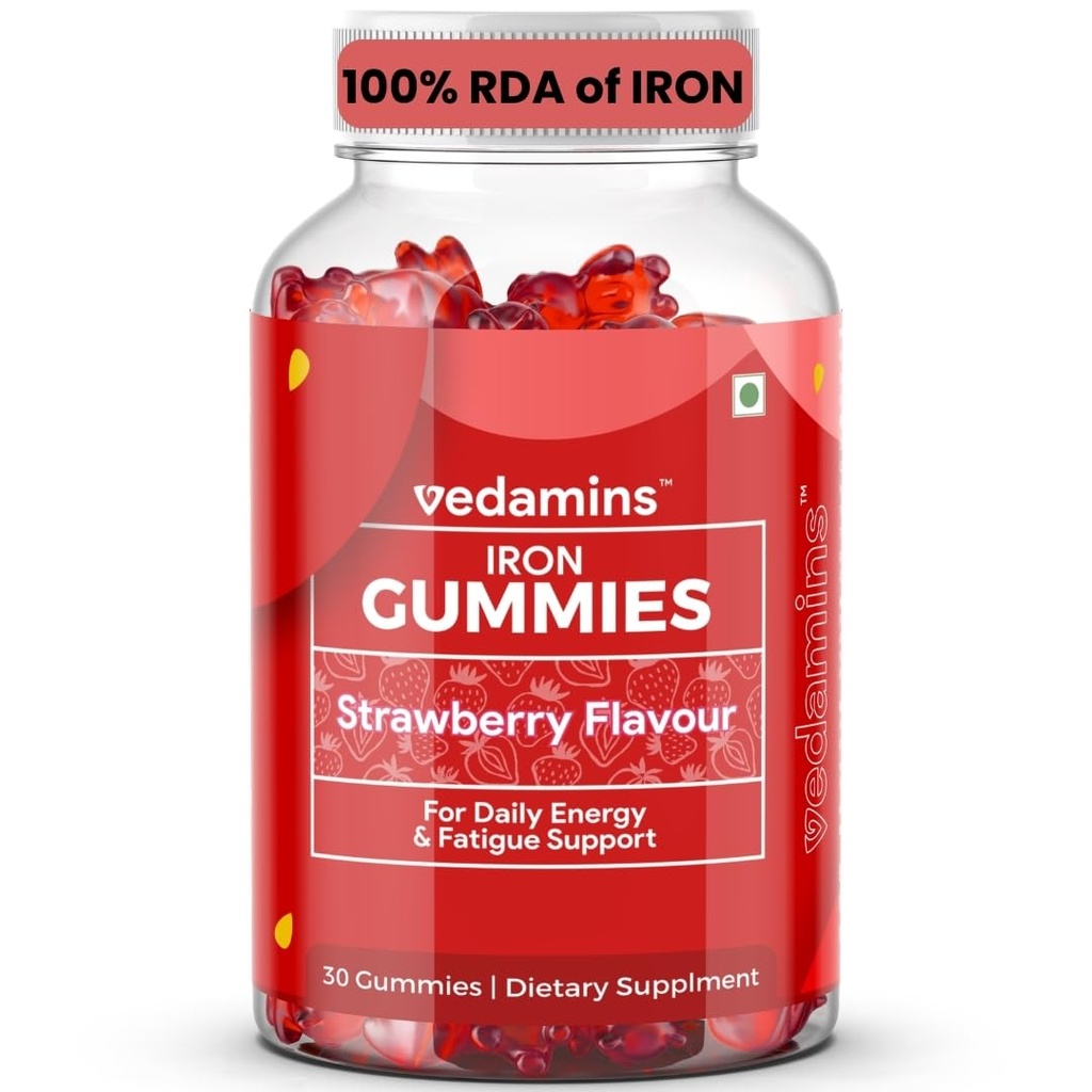 Iron Gummies | 100% RDA Iron Supplement for Men, Women & Kids | Strawberry Flavour | Energy & Fatigue Support | Vegetarian, Gelatin Free | 30 Gummies