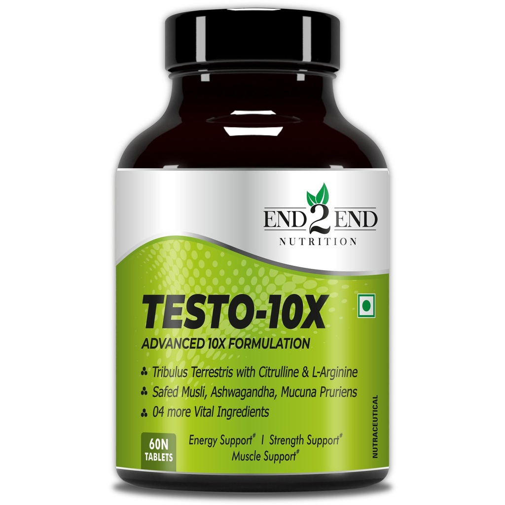 End2End Nutrition Testo-10X Natural Testosterone Booster for Men with Tribulus, L-Arginine, Ashwagandha and Safed Musli for Strength, Stamina, Energy and Muscle Gain – 60 Tablets