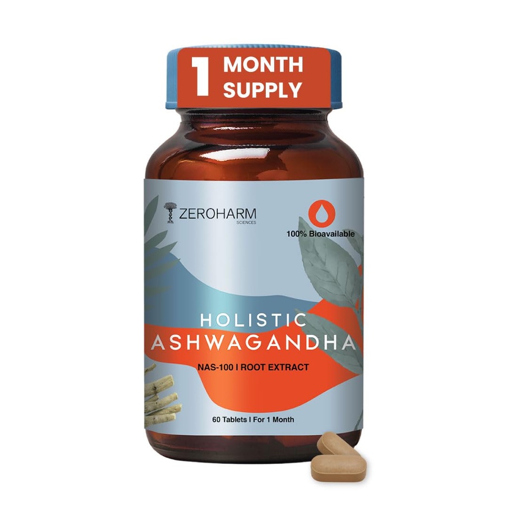 ZEROHARM Nano Ashwagandha Supplement with 10% Withanolides 600mg Per Serving | Ashwagandha Root + Pectin | Natural Adaptogen for Stress Balance, Energy, Focus & Performance | Men & Women | 60 Tablets