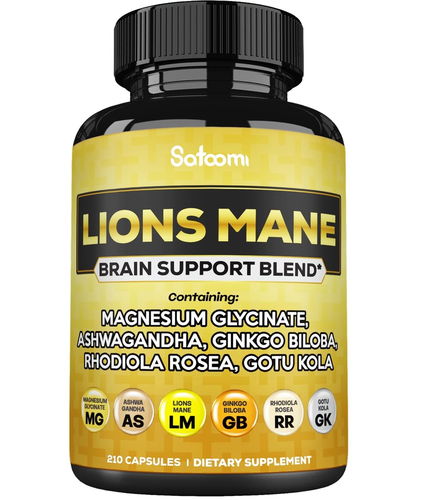 Lions Mane Supplément Capsules avec Magnésium avec Racine d'Ashwagandha, Ginkgo Biloba, Rhodiola Rosea et Gotu Kola - 210 Capsules Vegan - Soutenir la santé cérébrale, l'humeur positive et la production d'énergie