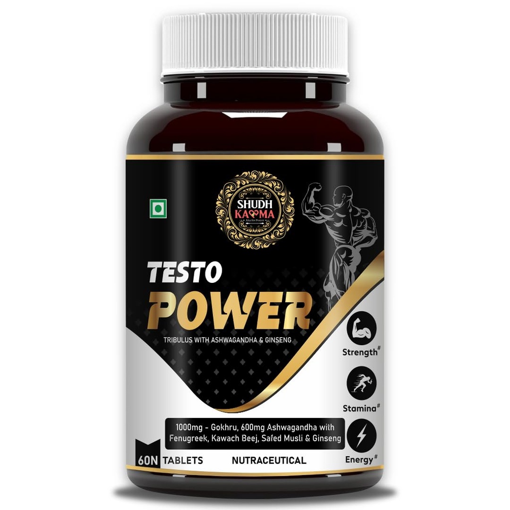 Shudh Kaama Testo Power Natural Testosterone Booster for Men with Tribulus, Ashwagandha and Safed Musli for Strength, Stamina, Energy and Muscle Gain – 60 Tablets