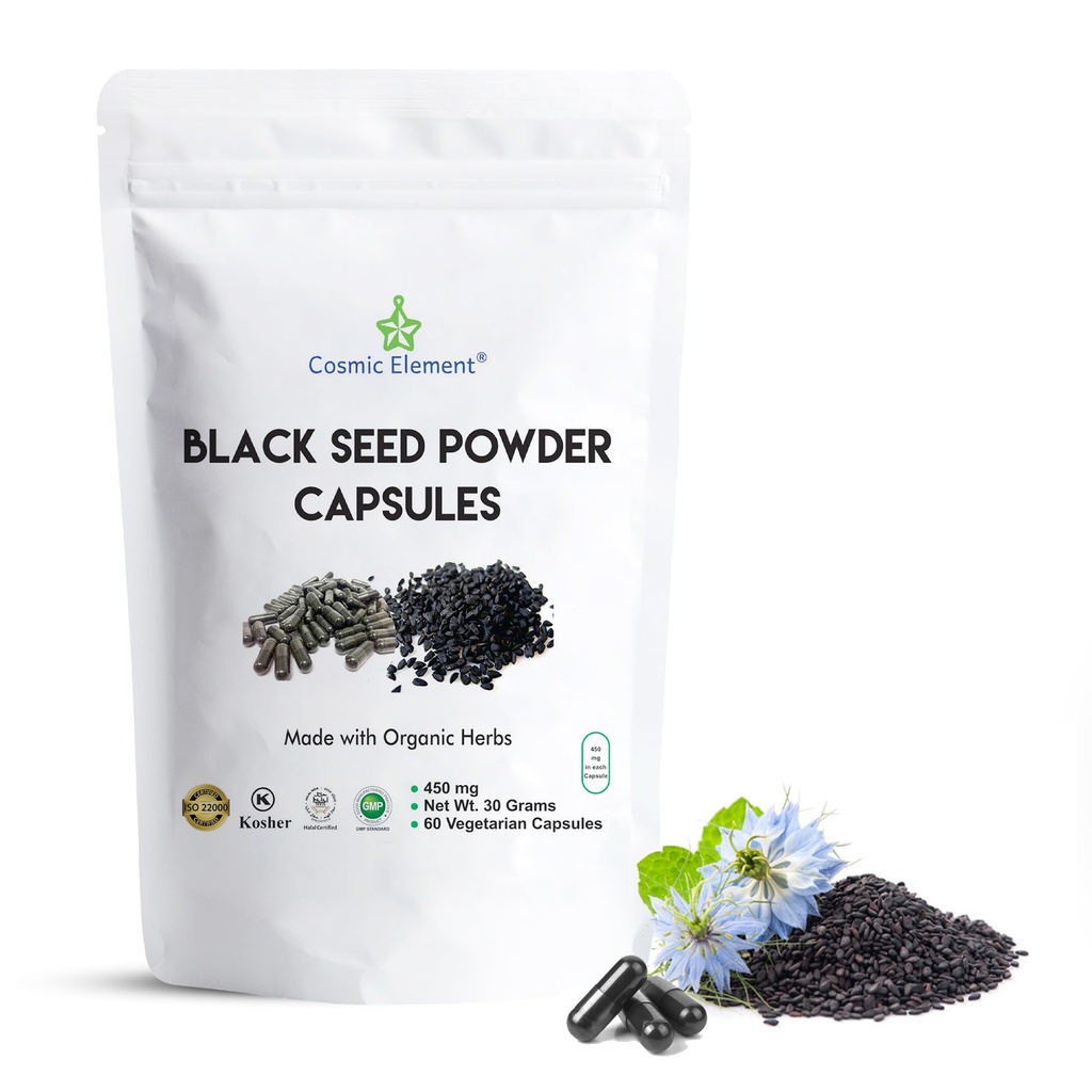 Élément Cosmique 100% Pure Black Capsules de poudre biologique - Vegan Nigella Sativa 450mg Graines de cumin noir par portion- pour la santé - 60 Capsules