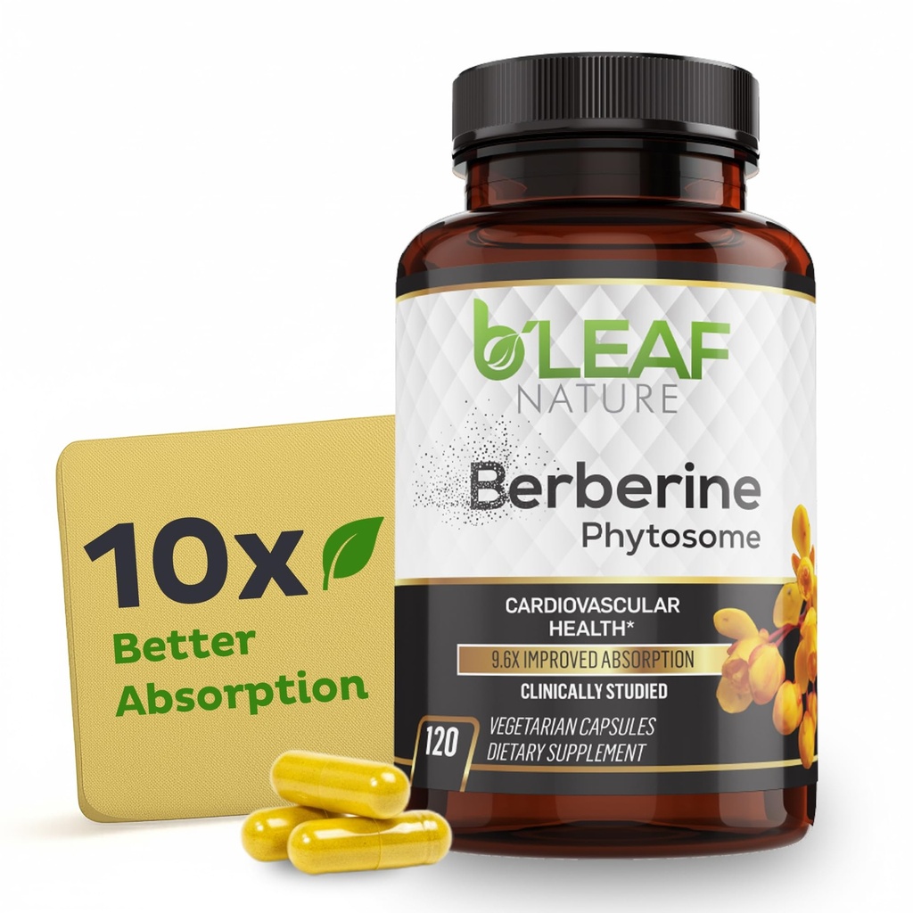 Leaf Nature Berberine Phytosome, 120 Capsules – 1100mg Berberine Supplément pour le soutien métabolique et cardiovasculaire – Végétaux, sans gluten, sans OGM Berberine Phytosome Capsules pour le bien-être immunitaire