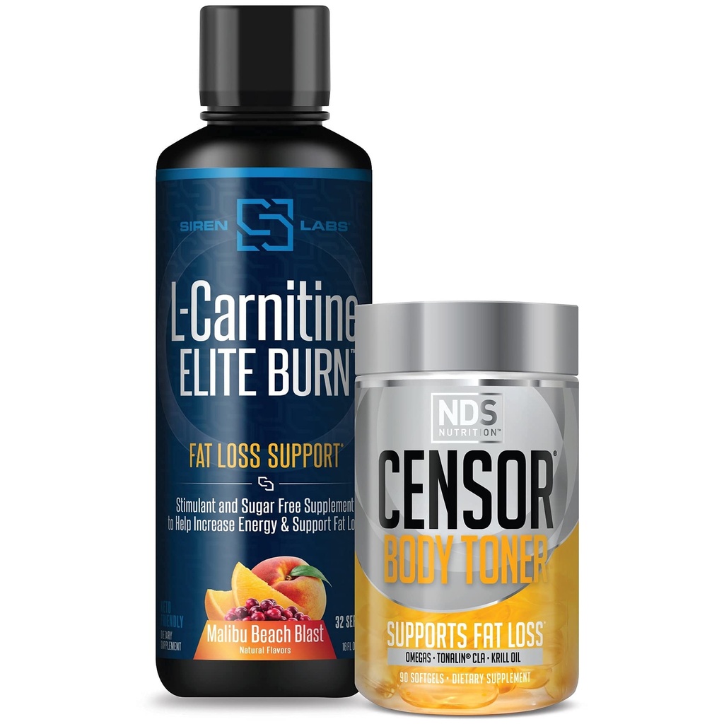 Censeur NDS Nutrition Fat Loss-Body Toner avec CLA (90 Softgels) et Siren Labs L-Carnitine Elite Burn Fat Loss Support Malibu Beach Blast 3000 mg (32 portions)