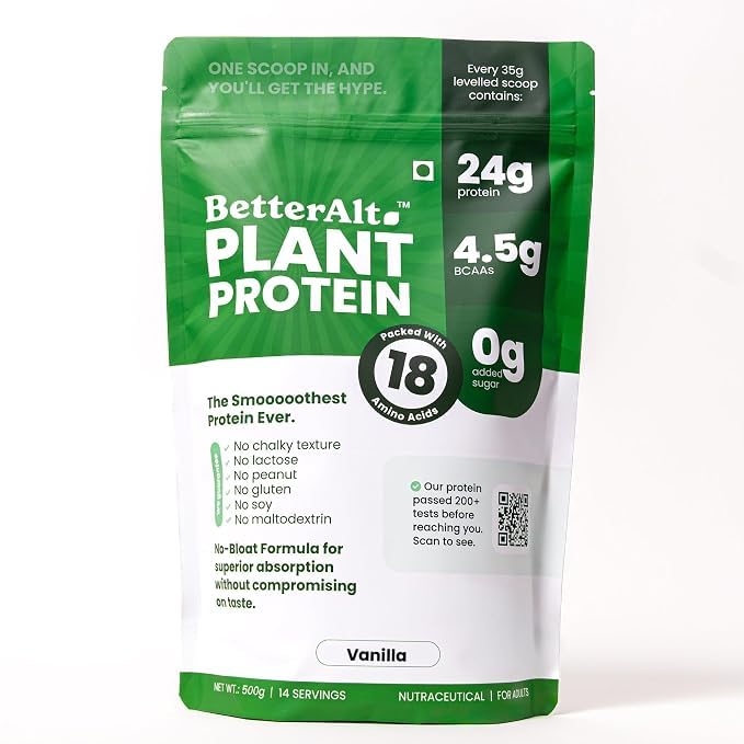 BetterAlt Plant Protein Powder 500g| 24g Protein, 4.5g BCAAs |Pea & Fermented Yeast Protein |No Bloat, No Chalkiness, Gut Friendly |0g Added Sugar |Vegan, Gluten Free |Smooth Vanilla Flavour
