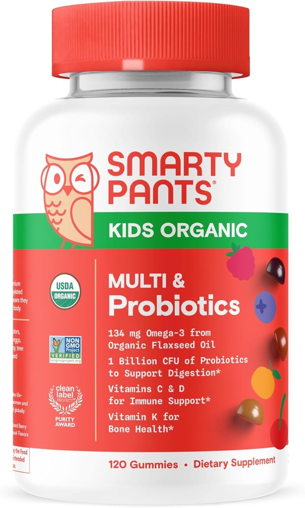 SmartyPants Organic Kids Multivitamine Gummies: Probiotiques, Omega 3 (ALA), Vitamine D3, C, Vitamine B12, B6, A, K & Zinc pour le soutien immunitaire, Biotine, Trois arômes de fruits, 120 Compte (30 jours)