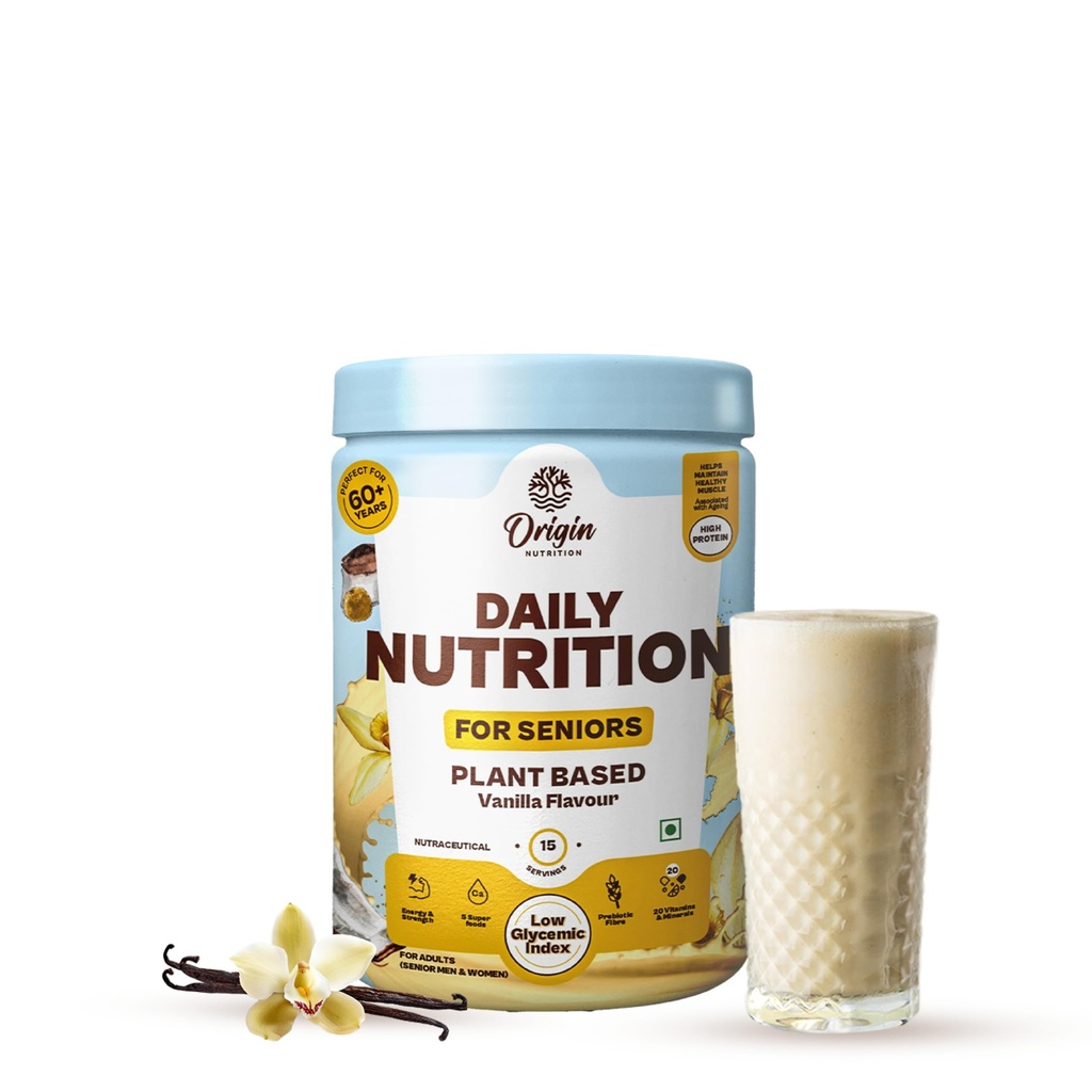 Origin Nutrition Senior Elder Adult Care Plant Based Protein Powder | Diabetic Friendly | Specialty for Healthy Ageing | 20 Vitamins & Minerals | 5 Superfoods Ayurvedic Herbs | Easy to Digest | No Preservatives | Vanilla, 300g