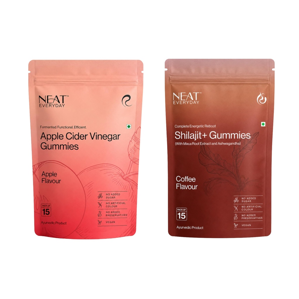 NEAT EVERYDAY Apple Cider Vinegar & Shilajit+ Gummies Combo | 1000mg ACV | With Maca Root & Ashwagandha | No Added Sugar | Vegan | 15 Gummies Each