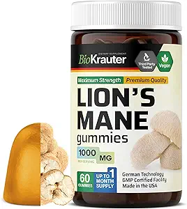 BIO KRAUTER Lions Mane Gummies pour adultes - 1000 mg Strength - 60 Végétaliens Supplément Champignon Chews - Lions Supplément Mane pour cerveau - Sans gélatine