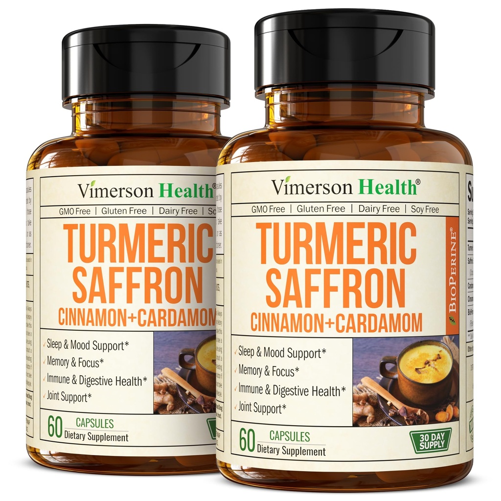 Suppléments de safran – 89mg Extrait de safran et 1000mg Mélange tumérique – Supplément curcuma avec cannelle Ceylan et cardamome pour l'humeur, la mémoire et la santé des yeux – Suppléments articulaires pour les femmes et les hommes – 2 Pack
