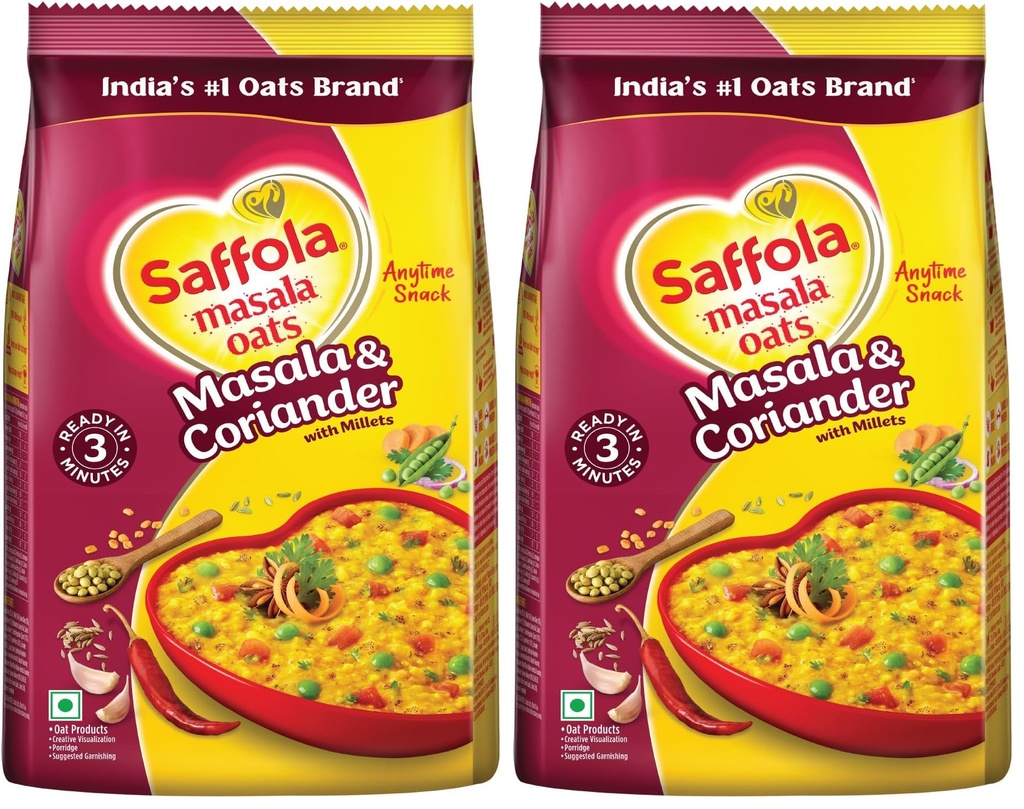 Saffola Masala Oats | 550g/500g | Masala Coriander | Tasty, Anytime Snack | Ready in 3 mins | Millets Goodness- with Ragi & Jowar | No maida , No added preservatives | Oats Helps manage weight(weight may vary)