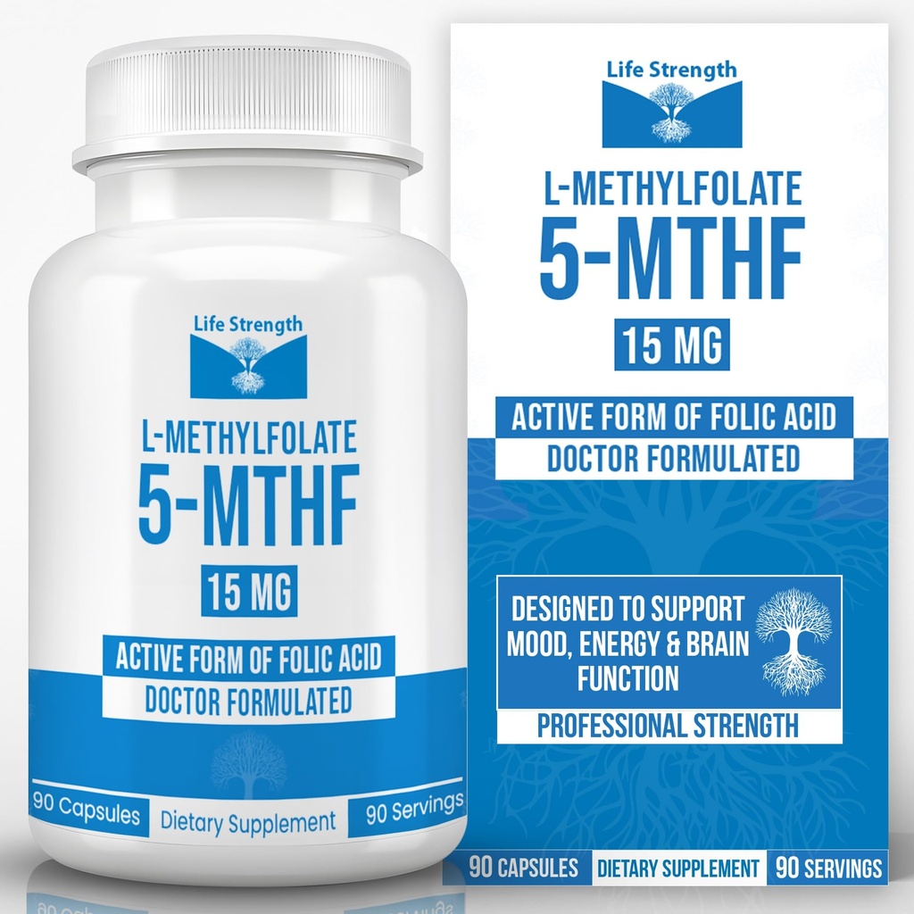 L-méthylfolate 15 MG, Folate de méthyle optimisé et hautement bioactif, supplément 5-MTHF pour le soutien de l'humeur et de l'immunité, supplément de régime naturel pour l'énergie, sans OGM et sans gluten, 90 capsules