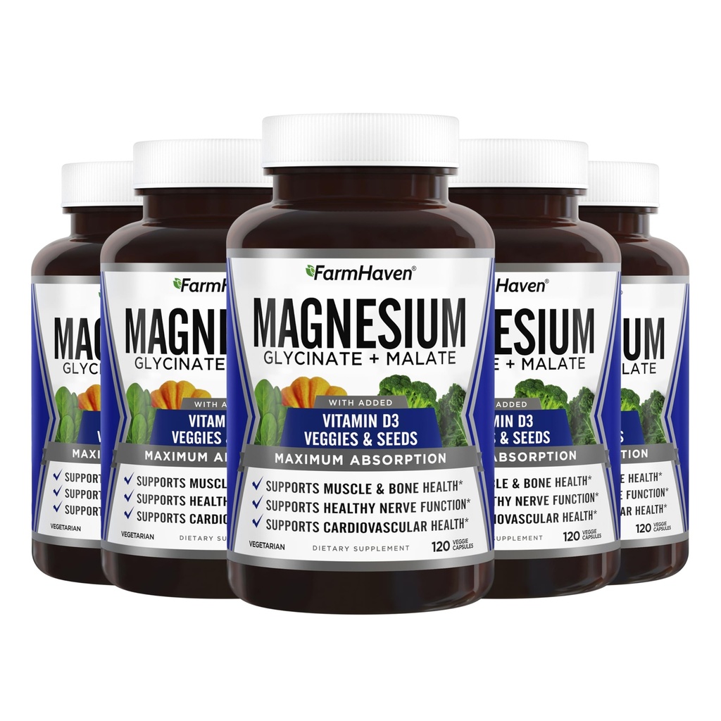 FarmHaven Magnésium Glycinate & Malate Complex w/ Vitamine D3, 100% Chélaté pour l'absorption maximale, végétalien – santé des os, nerfs, muscles, 600 capsules, 300 jours