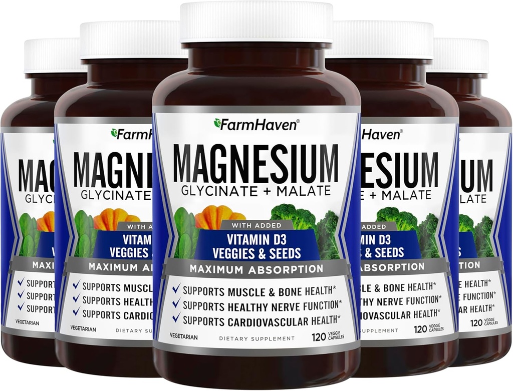FarmHaven Magnesium Glycinate & Malate Complex w/ Vitamin D3, 100% Chelated for Max Absorption, Vegan – Bone Health, Nerves, Muscles, 600 Capsules, 300 Days