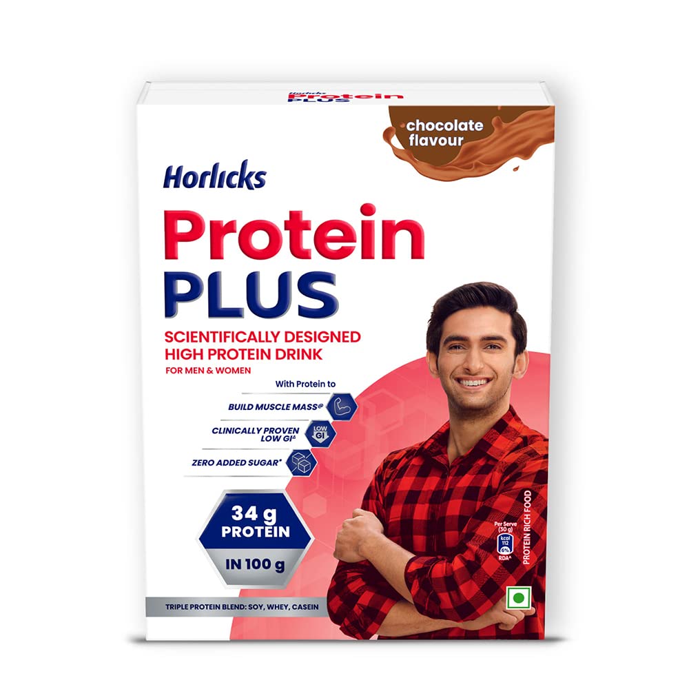 Horlicks Protein Plus Chocolate, 400 g, BIB - Whey, Soy & Casein Powder Blend, For Muscle Mass & Strength, Veg