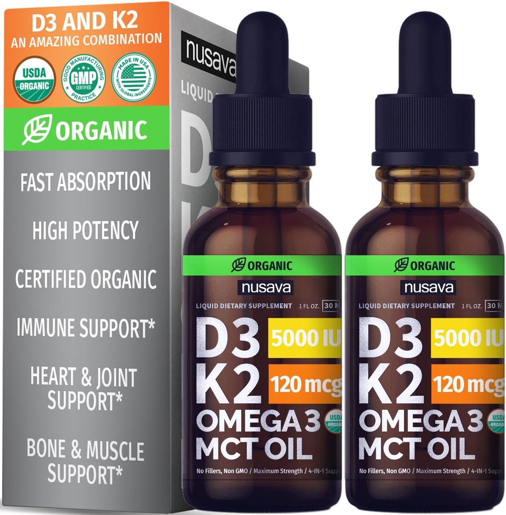 NUSAVA Vitamine B12 gouttes liquides, non aromatisées D3 K2, et un ensemble de chlorophylle - Potent Vitamines liquides pour le coeur, l'énergie, le cerveau et le soutien immunitaire - Non-OGM, sans gluten, 2pk Chaque