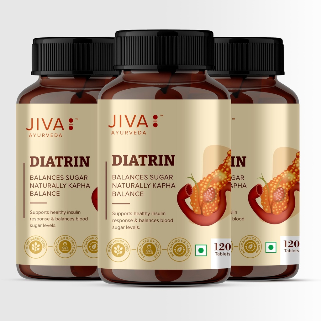 Jiva Diatrin Tablets 500mg | 100% Ayurvedic Formulation | Manages Blood Sugar Levels, Improves Metabolism & Strengthens the Pancreas | Balances Tri-Dosha- 120 Tablets (Pack of 3)