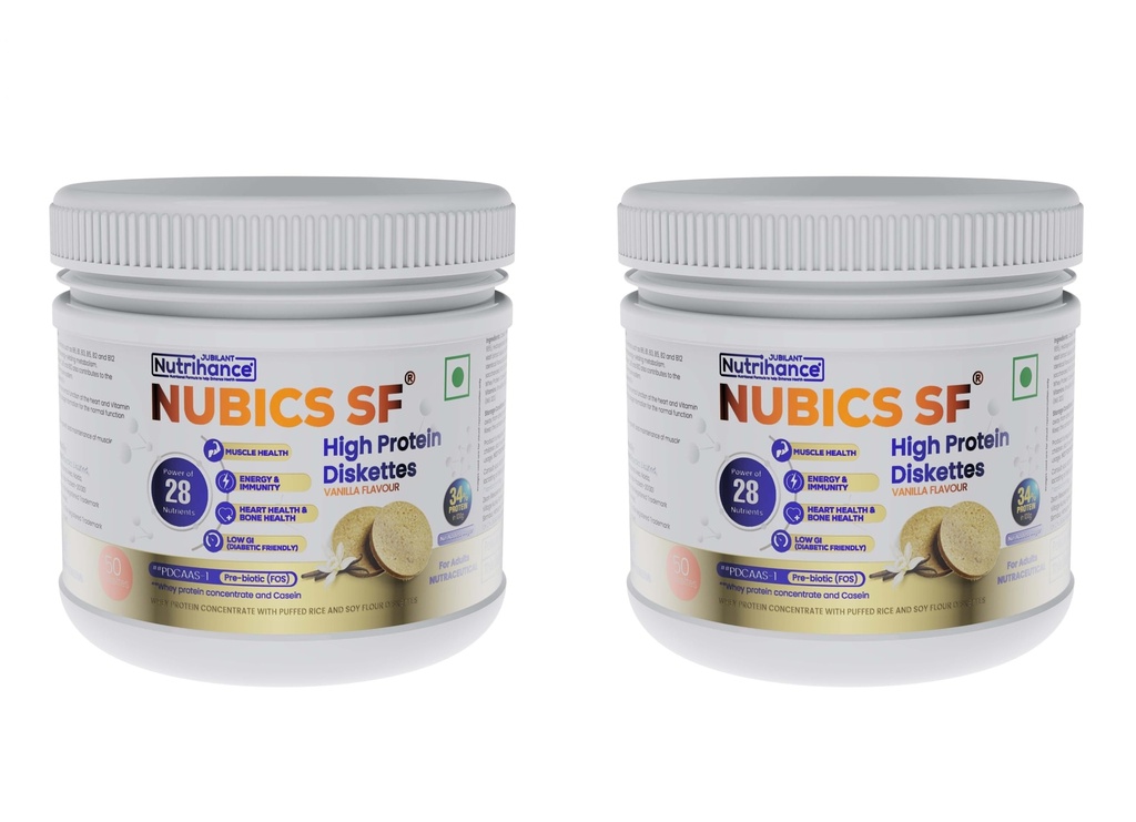 Nubics-SF High Protein Diskettes | 250g (50 Diskettes) | High Protein (34%), Whey Protein & Casein | PDCAAS-1 | No Added Sugar | With Prebiotic, Vitamins & Minerals | Vanilla Flavour | 100% Veg,2 Pack