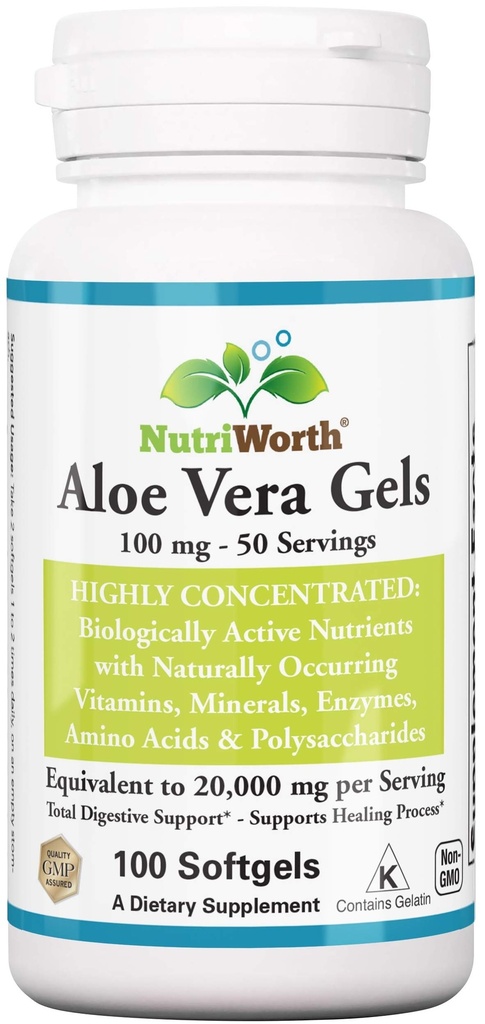 Supplément Aloe Vera (100 Softgels) 20 000mg Gel pur Équivalence – Fabriqué avec Aloe Vera biologique