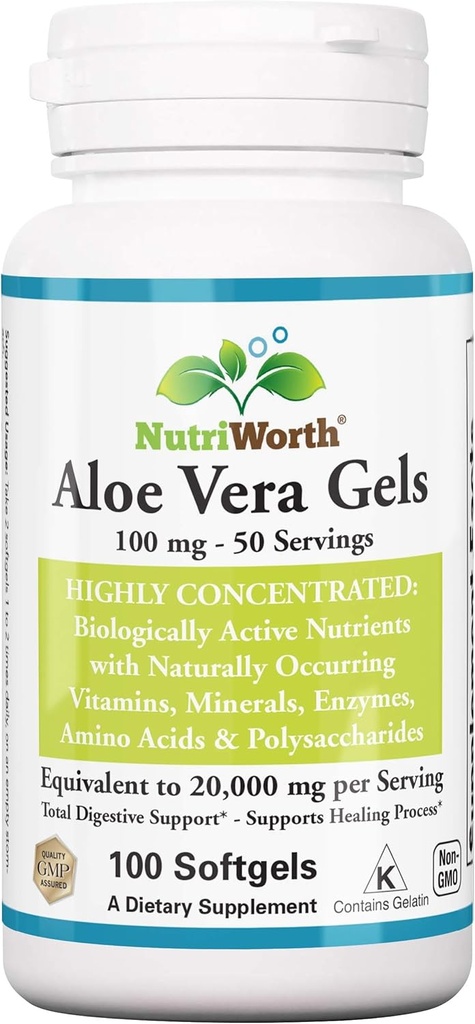Supplément Aloe Vera (100 Softgels) 20 000mg Gel pur Équivalence – Fabriqué avec Aloe Vera biologique