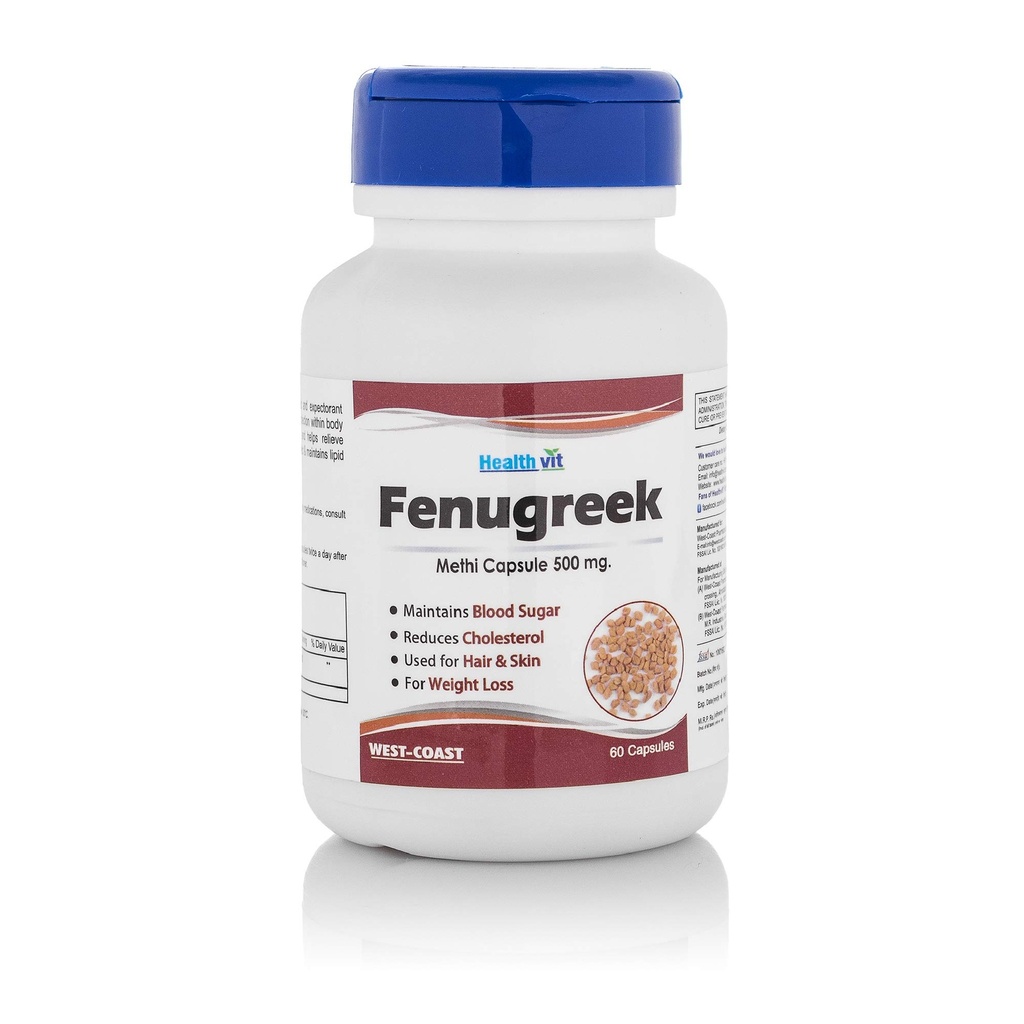 Healthvit Fenugreek Powder 500mg For Weight Loss | Maintain Blood Sugar Level | Effective For Hair And Skin | Vegan & Herbal Supplement | 60 Capsules