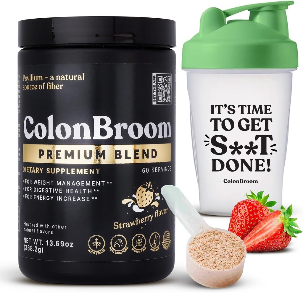 ColonBroom Premium Psyllium Husk Powder (Strawberry, 60 portions) + Shaker Bouteille pour Colon Broom Fiber Powder Brink Bundle - Colon Cleanse pour Bloating Relief & Gut Health - Fiber Powder Supplément