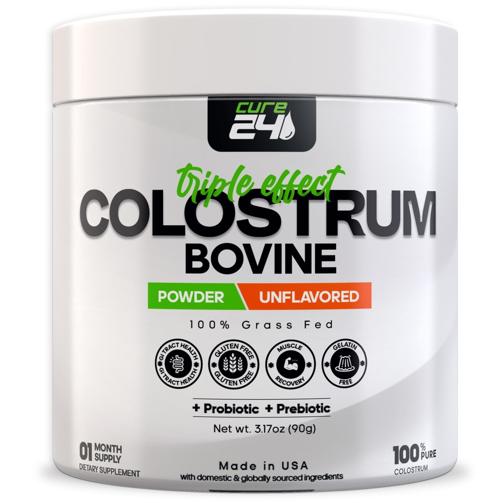 Bovine Colostrum X3 supplément poudre pour les humains, 100% Pure Total Natural Grass Fed Superfood, High IgG, Plus Probiotique & Prébiotique, Sans saveur, Fabriqué aux États-Unis