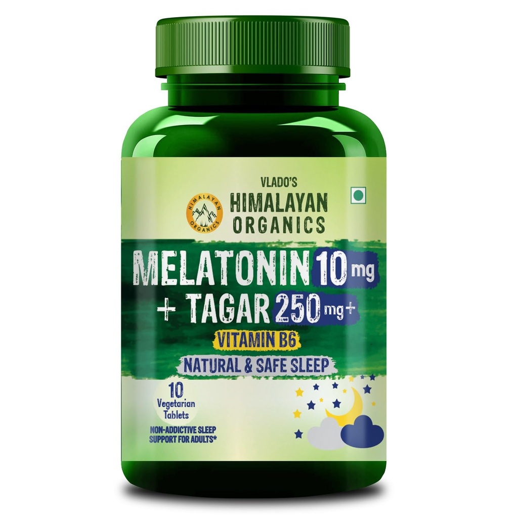 Vlado's Himalayan Organics Melatonin 10Mg Sleep Tablets- Sleeping Pills with with 250mg Tagar & Vitamin B6 for Deep Sleep Restful Nights, and Effective Sleep Dose | for Women & Men | Non-Habit Forming, Restful Sleep - 10 Tablets