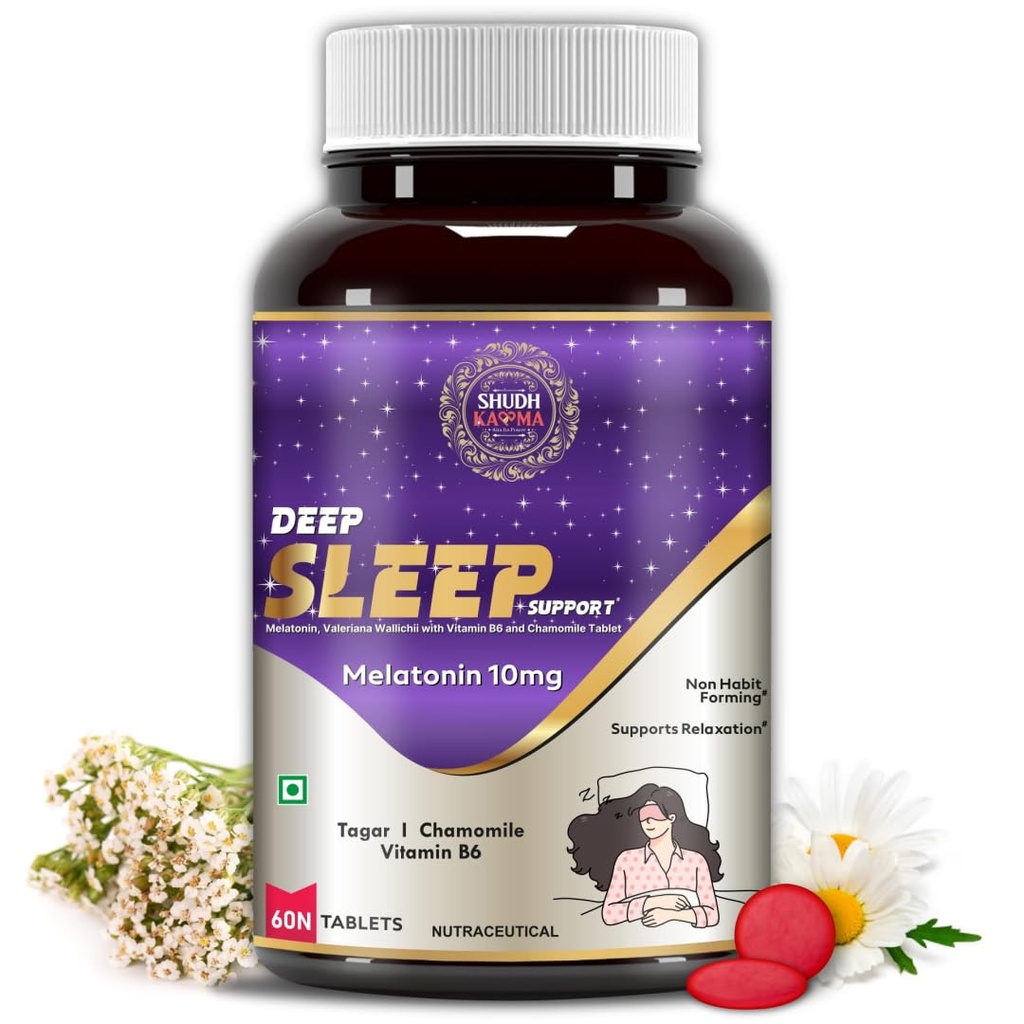 Shudh Kaama Deep Sleep Melatonin 10mg Sleeping Tablets for Deep Sleep with Tagar 250mg, Chamomile & Vitamin B6 | Melatonin Tablets for Sleep | Sleeping Pills for Men & Women – 60 Tablets
