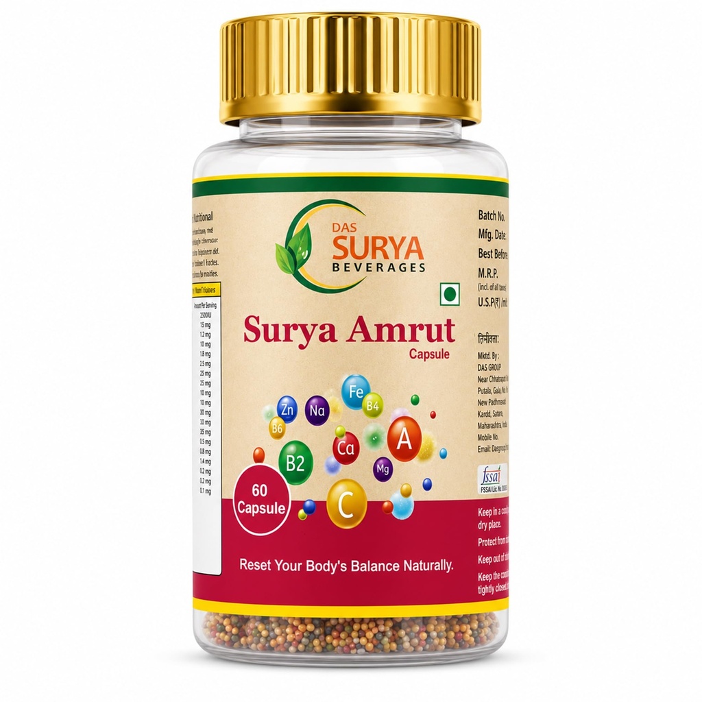 Surya Amrut Ayurvedic Capsules, 60 Tablets, Extracts from 600+ Vegetables, Fruits, Grains and Pulses, Immunity, Energy, Detox and pH Balance Support