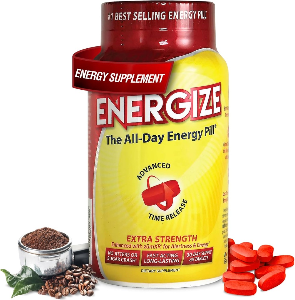 Energize Extra Strength Caffeine Pills, Pill d'énergie à longue durée d'action rapide avec sortie prolongée de la caféine, amélioration de la clarté et du soutien énergétique pour les hommes et les femmes, sans jitters, sans crash (60 comprimés)