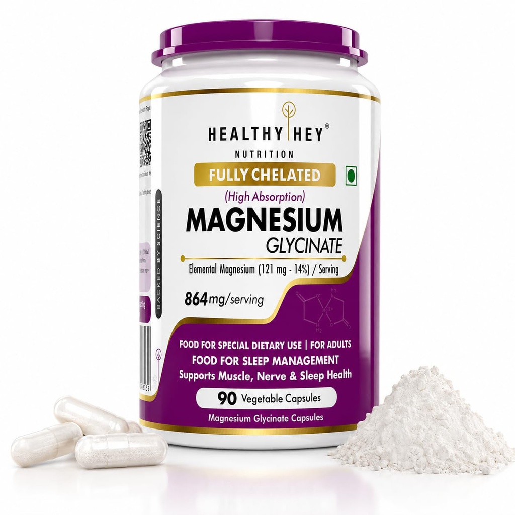 HealthyHey Nutrition Magnesium Glycinate 14% Fully Chelated Supplement High Absorption for Sleep, Cramps, & Nerves Health - 90 Vegetable Capsules