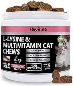 Supplément de lysine pour chats, soins aux chats pour éternuer et runny nez, rhume, soutien immunitaire des chats, fonction des yeux et santé respiratoire, vitamine L-Lysine chat pour chats (120 pilules, saumon)