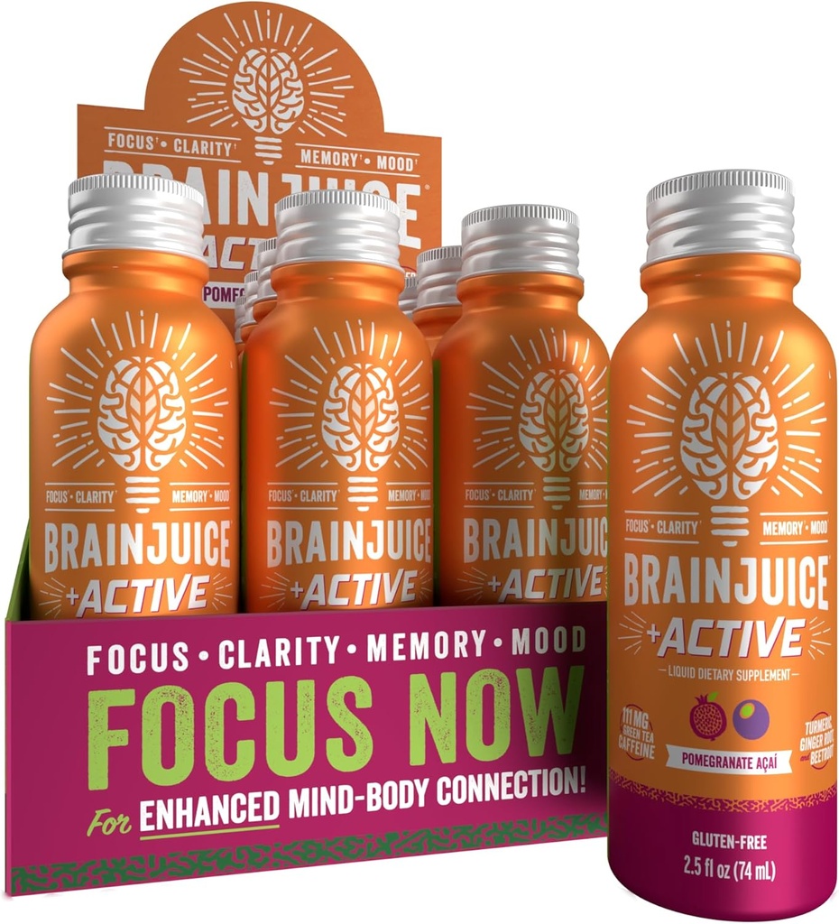 BrainJuice Active Focus & Energy Drink Shots, Supports Endurance, Récupération et Clarté, Non-OGM, Sans gluten, Nootropics, Alpha GPC, B Vitamines et Thé vert biologique, Açai grenade, 2,5 fl oz, 12 Pack