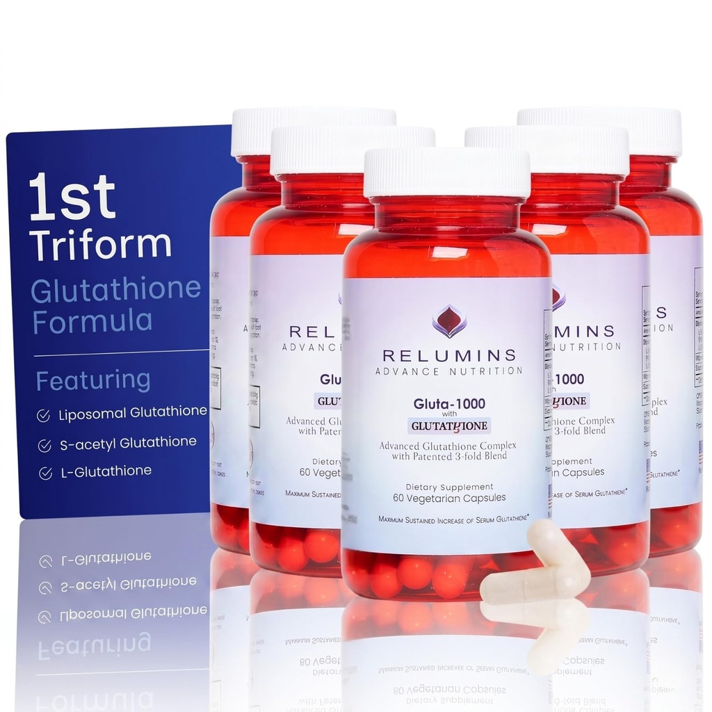 Relumins L Complexe de supplément de glutathion - Réduit le glutathion 1000mg avec acide alpha lipoïque et capsules HIPS Rose pour peau nourisée et plus lisse, 60 capsules x 5 bouteilles