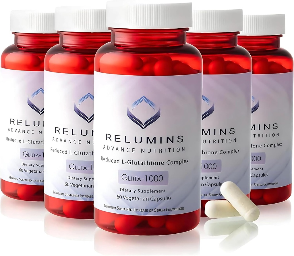 Relumins L Complexe de supplément de glutathion - Réduit le glutathion 1000mg avec acide alpha lipoïque et capsules HIPS Rose pour peau nourisée et plus lisse, 60 capsules x 5 bouteilles